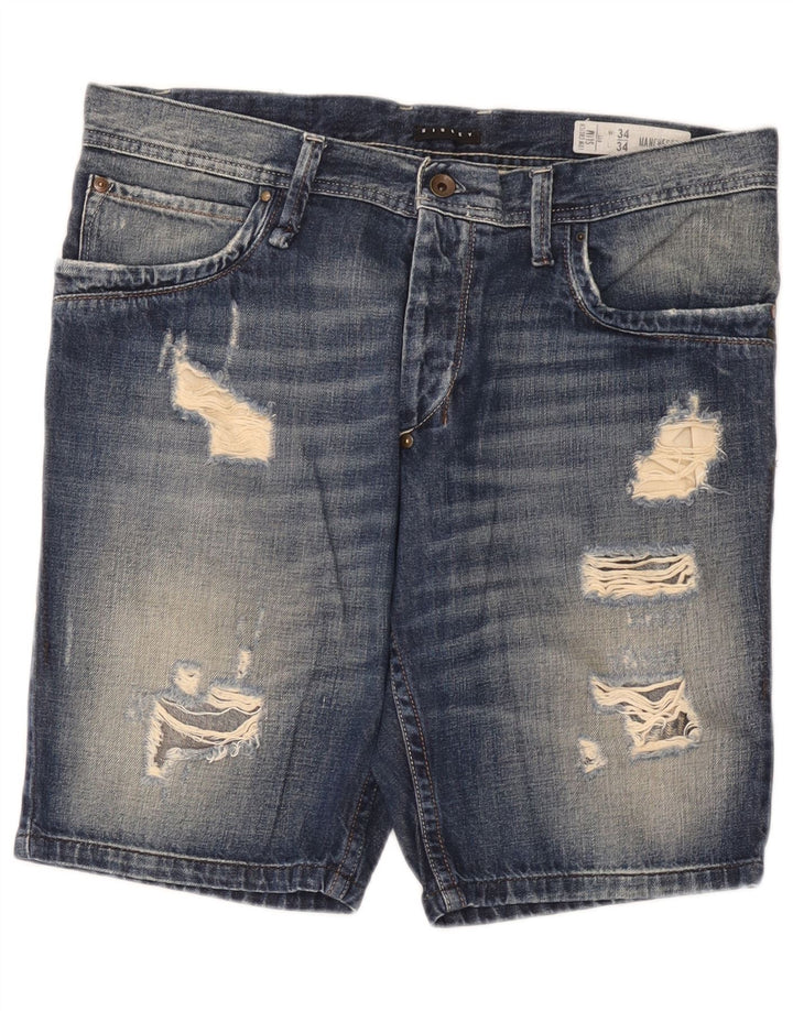 Sisley Pantalones cortos de mezclilla desgastados para hombre W34 Algodón azul grande