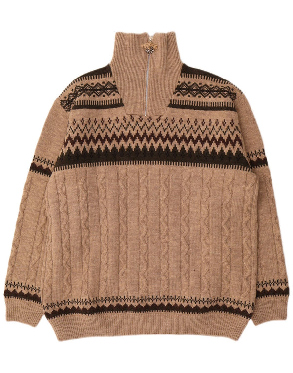 Grachten Mens Zip Neck Jumper Sweater EU 58 2XL Beige Geometric Wool