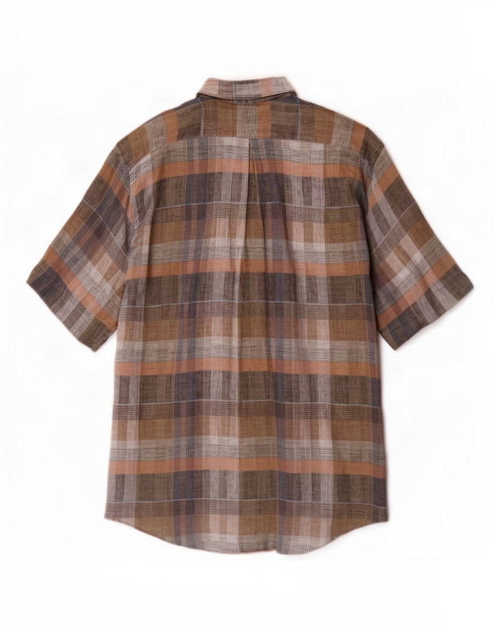 Vintage hombres camisa de manga corta grande marrón cuadros