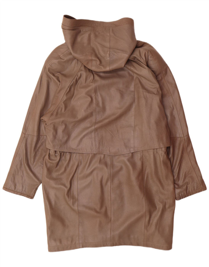 VINTAGE Womens Oversized Hooded Leather Coat UK 10 Small Brown Leather