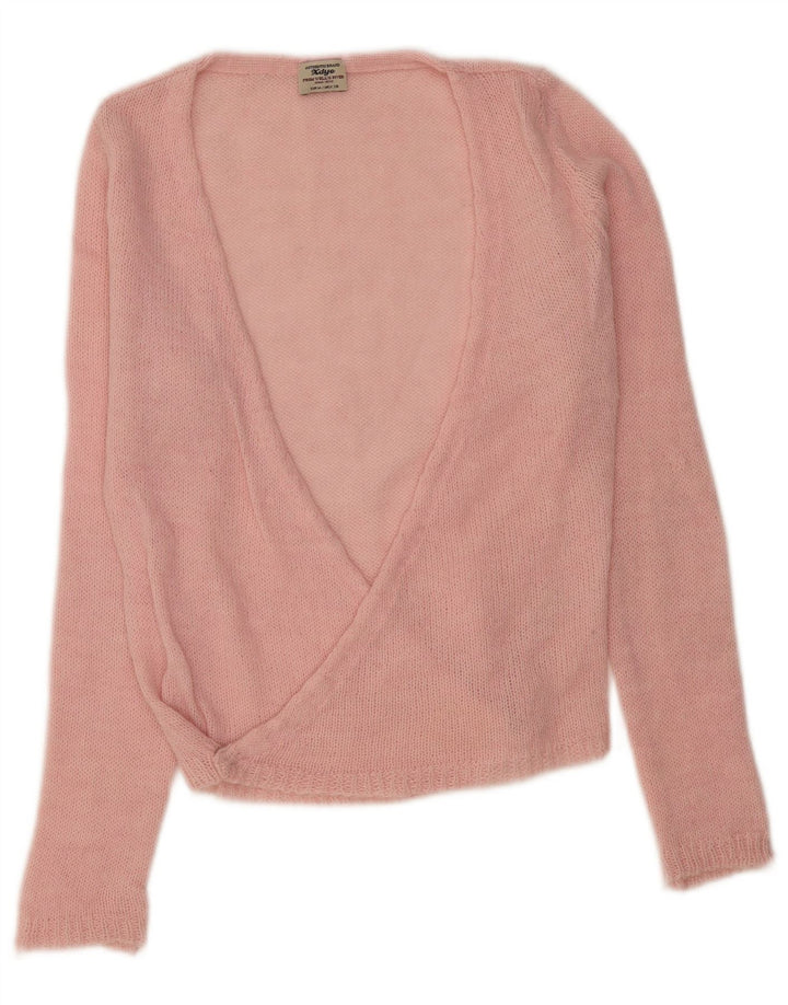 Vintage mujer V-cuello jumper suéter Reino Unido 12 rosa medio