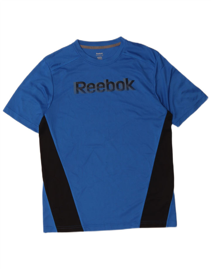 Reebok - Camiseta gráfica para hombre, parte superior azul medio, poliéster con bloques de color