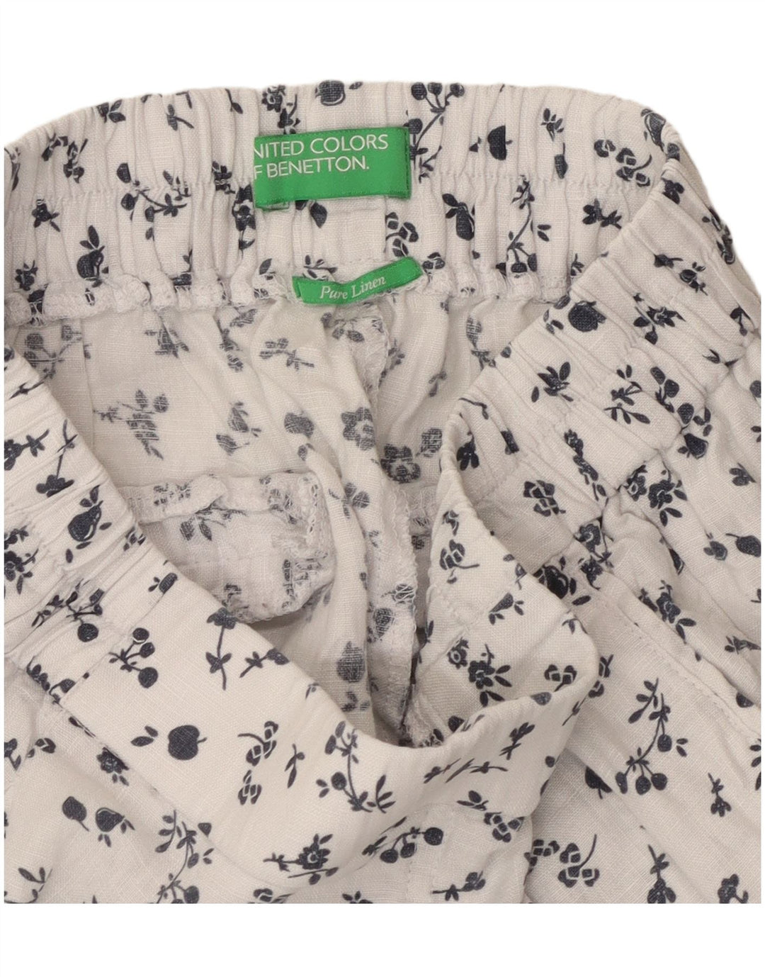 BENETTON Pantalones Cortos Cónicos Mujer W26 L23 Lino Floral Blanco