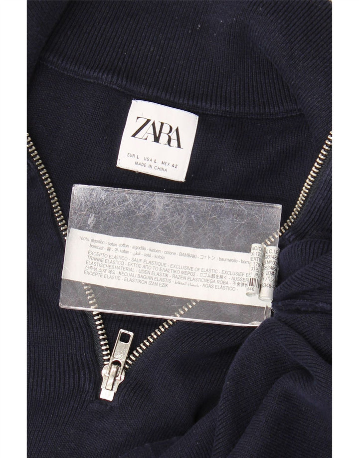 Zara Mens Zip Neck Jumper Sweater Large Azul Marino Algodón