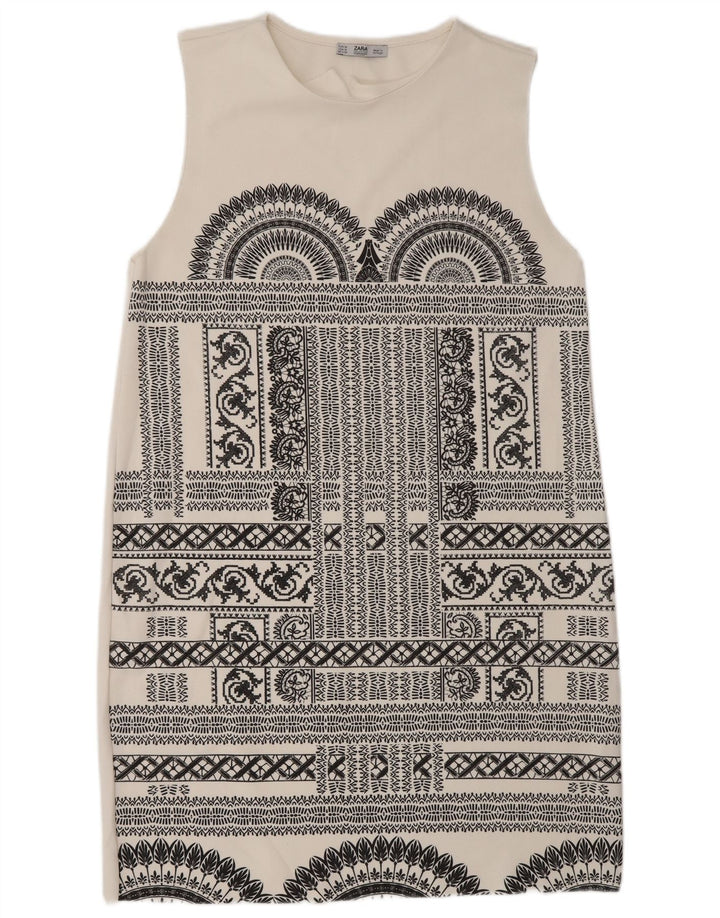 Zara Vestido Recto Sin Mangas para Mujer UK 40 Medio Blanco Geométrico