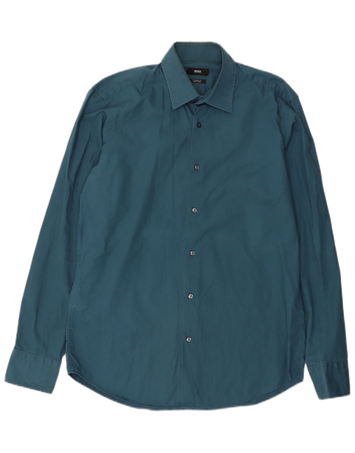 Camisa Hugo Boss Hombre Regular Fit Talla 39 Algodón Azul Medio