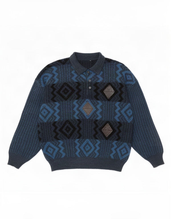 Vintage hombres polo cuello jersey suéter grande azul marino lana geométrica