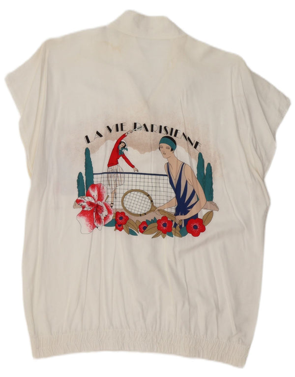 Vintage mujer manga corta camisa gráfica blusa Reino Unido 16 blanco grande