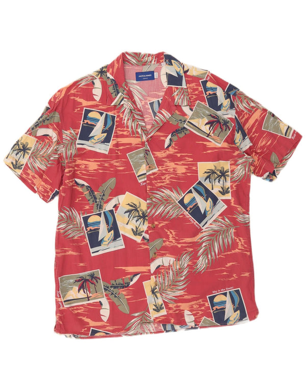 Jack & Jones Mens Short Sleeve Shirt Large Pink Floral Cotton Hawaiian
