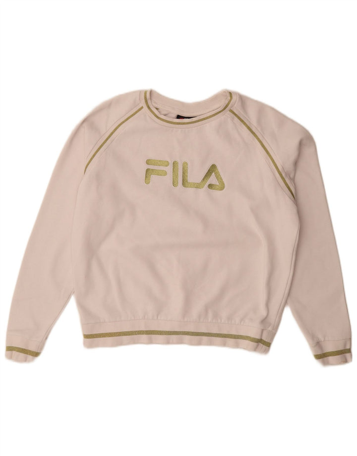 Fila Mujer Gráfico Sudadera De Gran Tamaño Jersey Reino Unido 10 Pequeño Algodón Blanco