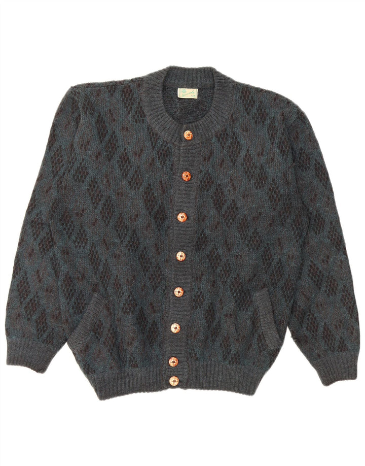 Vintage hombres Cardigan suéter grande azul Argyle/Diamond Alpaca lana