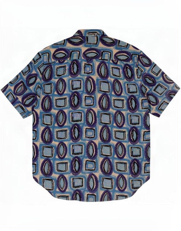 Camisa Vintage Hombre Manga Corta Viscosa Geométrica Azul Medio