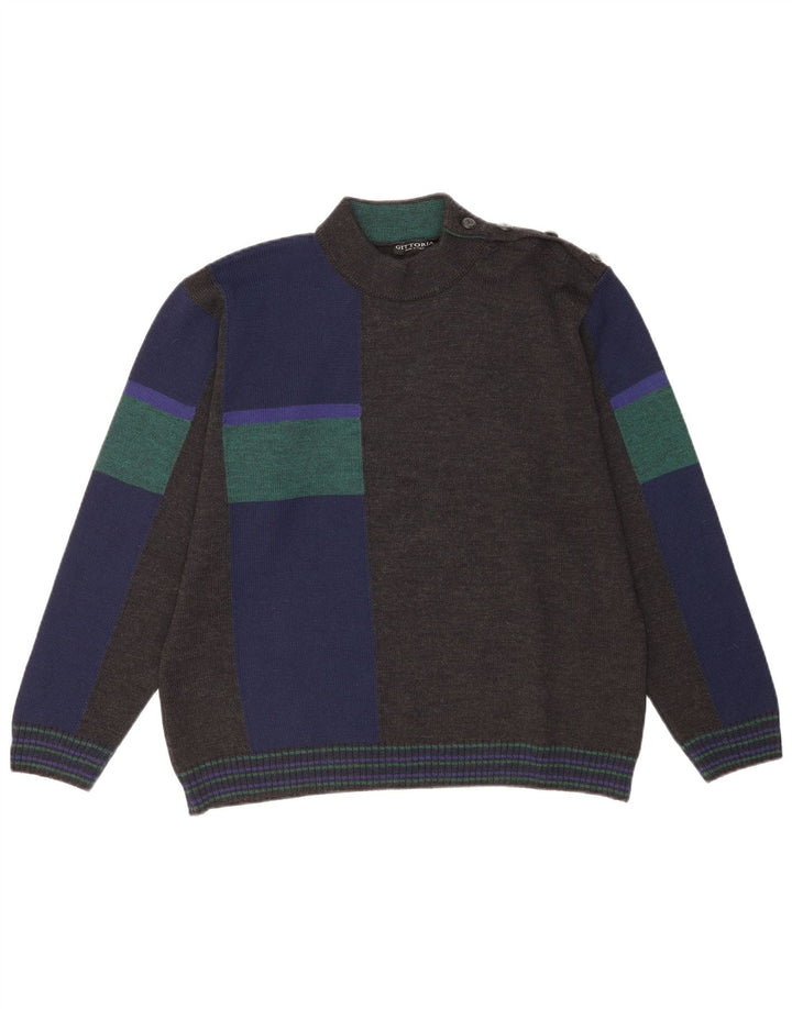 Vintage hombres tortuga cuello jersey suéter IT 52 grande gris colorblock lana