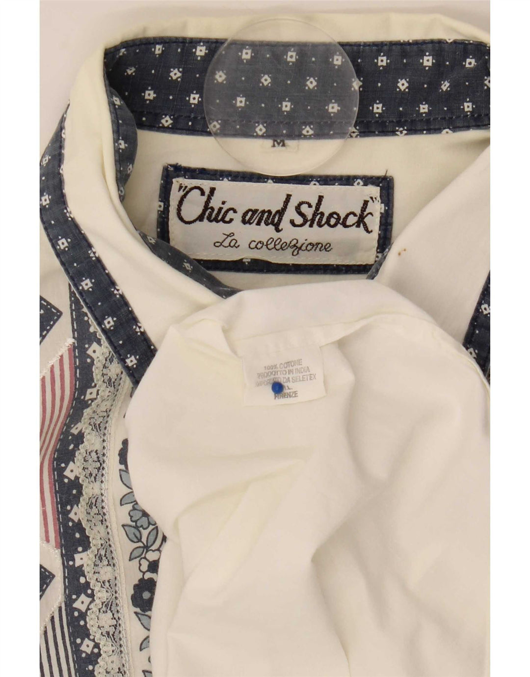 Vintage mujer camisa de gran tamaño blusa Reino Unido 14 algodón geométrico blanco medio