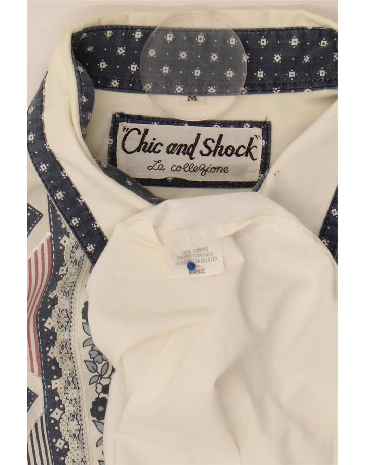 Vintage mujer camisa de gran tamaño blusa Reino Unido 14 algodón geométrico blanco medio