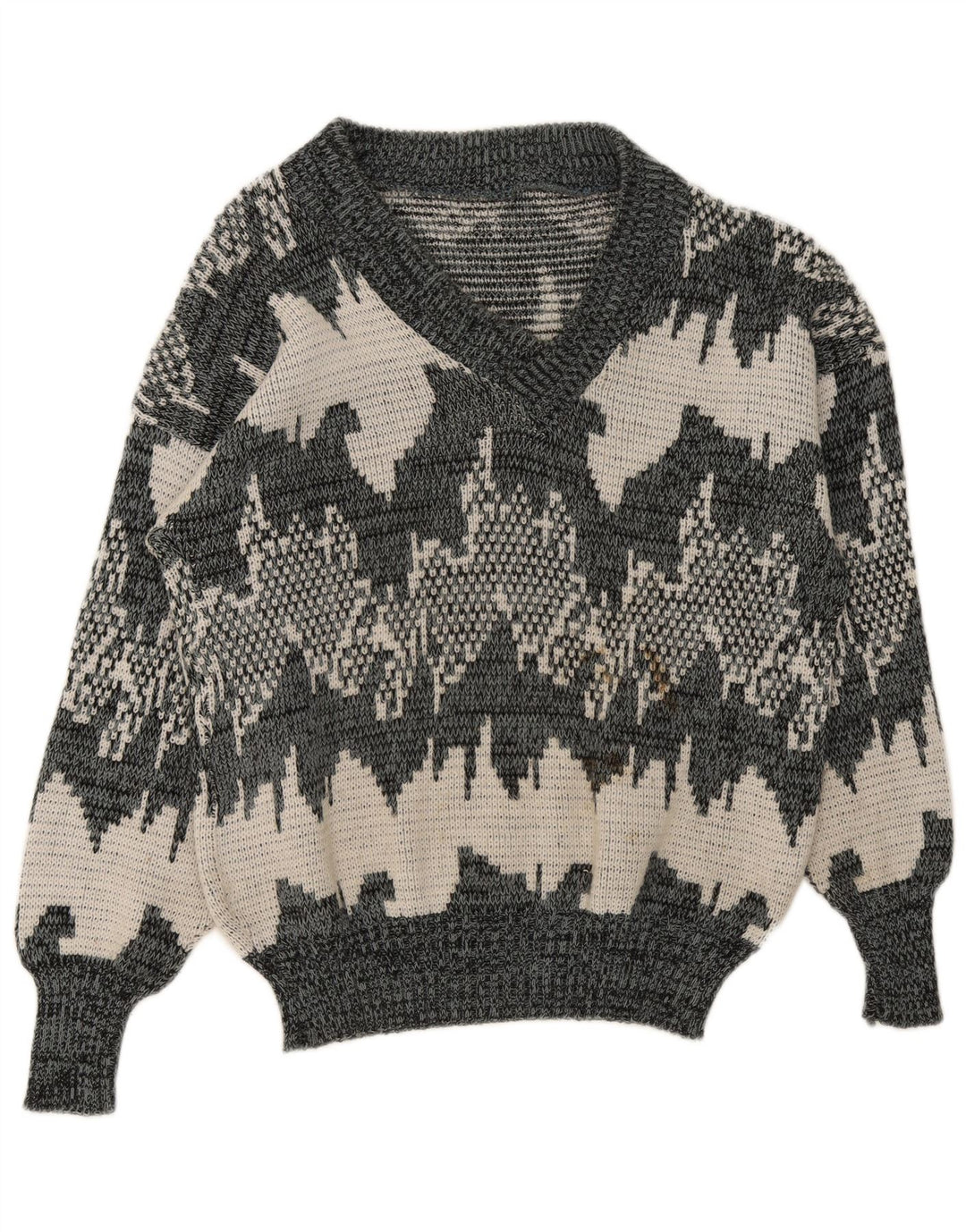 Vintage hombres patrón abstracto V-cuello jumper suéter medio gris geométrico