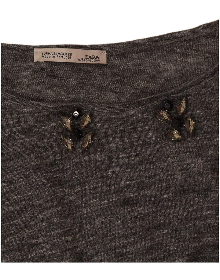 Zara Mujer Top Manga 3/4 UK 44 Gris Medio Moteado