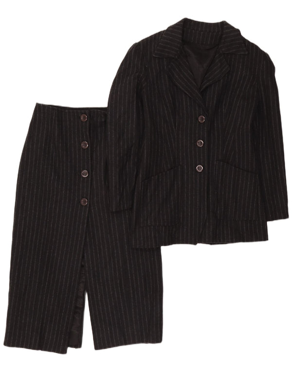 Vintage mujer 3 botones 2 piezas falda conjunto Reino Unido 12 mediano W28 negro Pinstripe