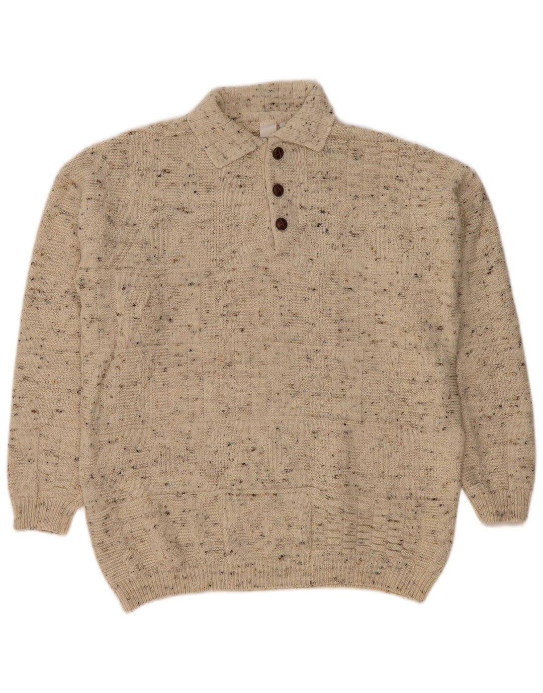 VINTAGE Hombres Polo Cuello Jersey Suéter Grande Beige Flecked