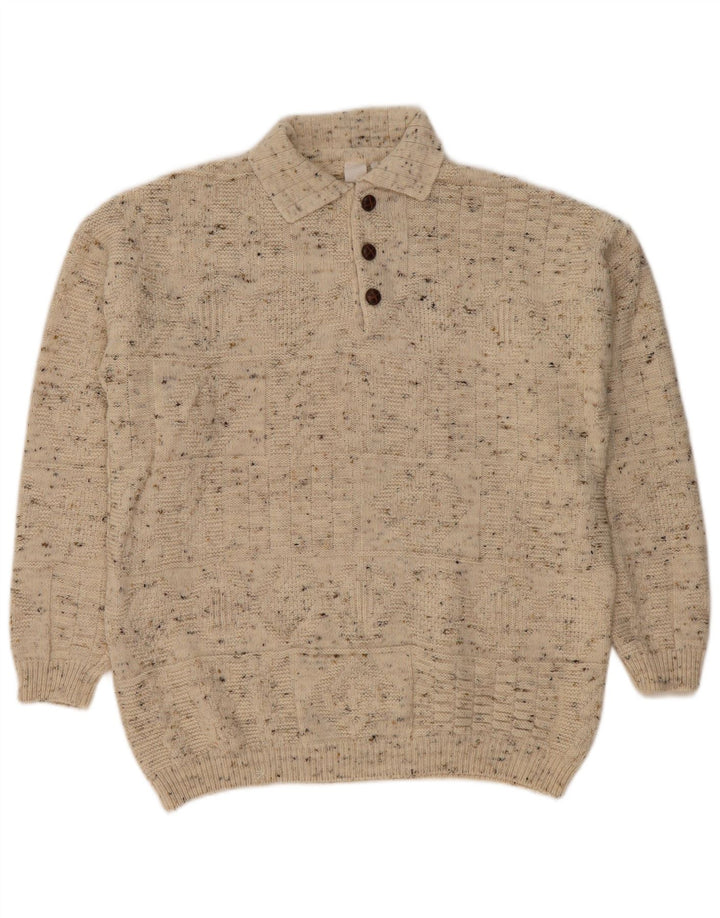 VINTAGE Hombres Polo Cuello Jersey Suéter Grande Beige Flecked