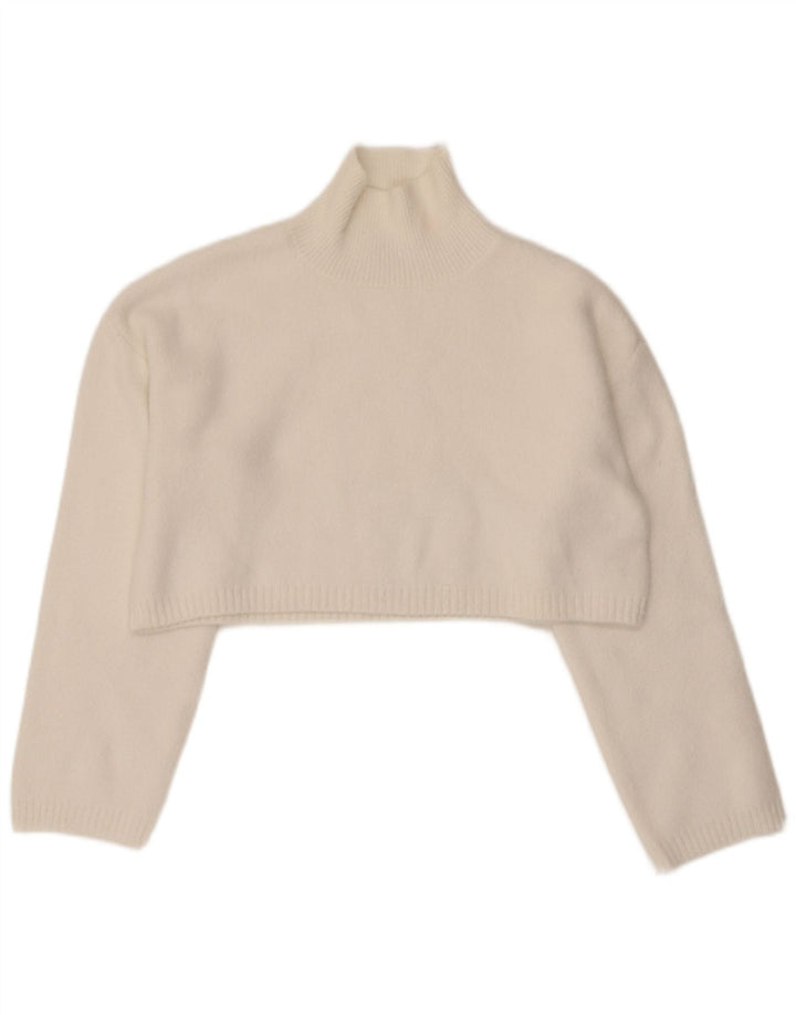 Zara Mujer Crop Turtle Neck Jumper Sweater UK 10 Small Blanco Poliamida