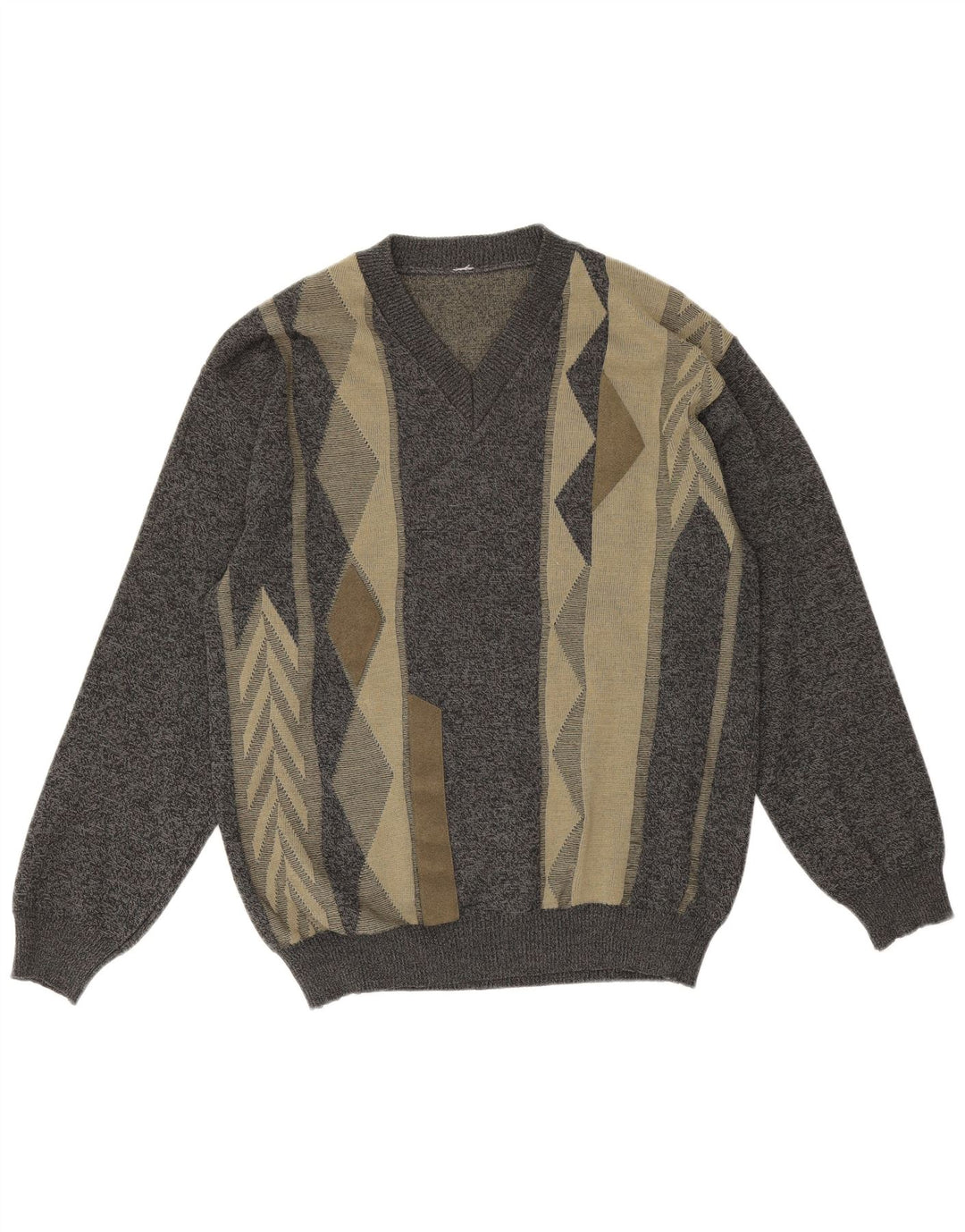Vintage hombres V-cuello jumper suéter gris medio geométrico lana merino