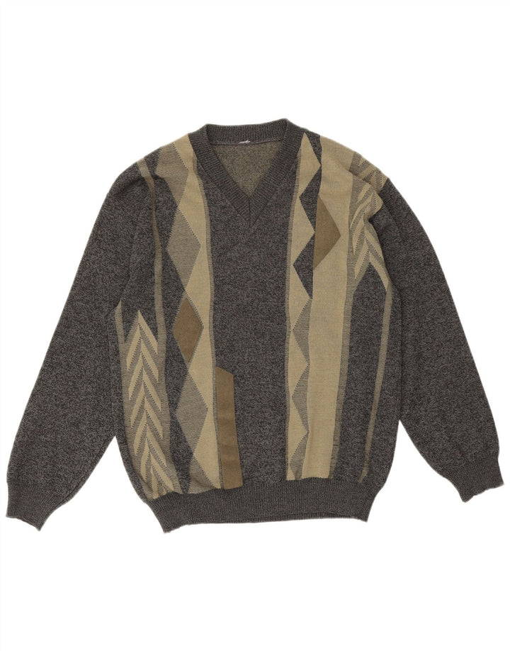 Vintage hombres V-cuello jumper suéter gris medio geométrico lana merino