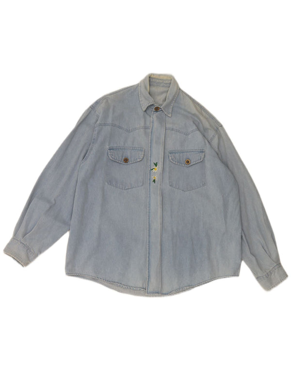 Vintage hombres denim camisa grande azul floral algodón