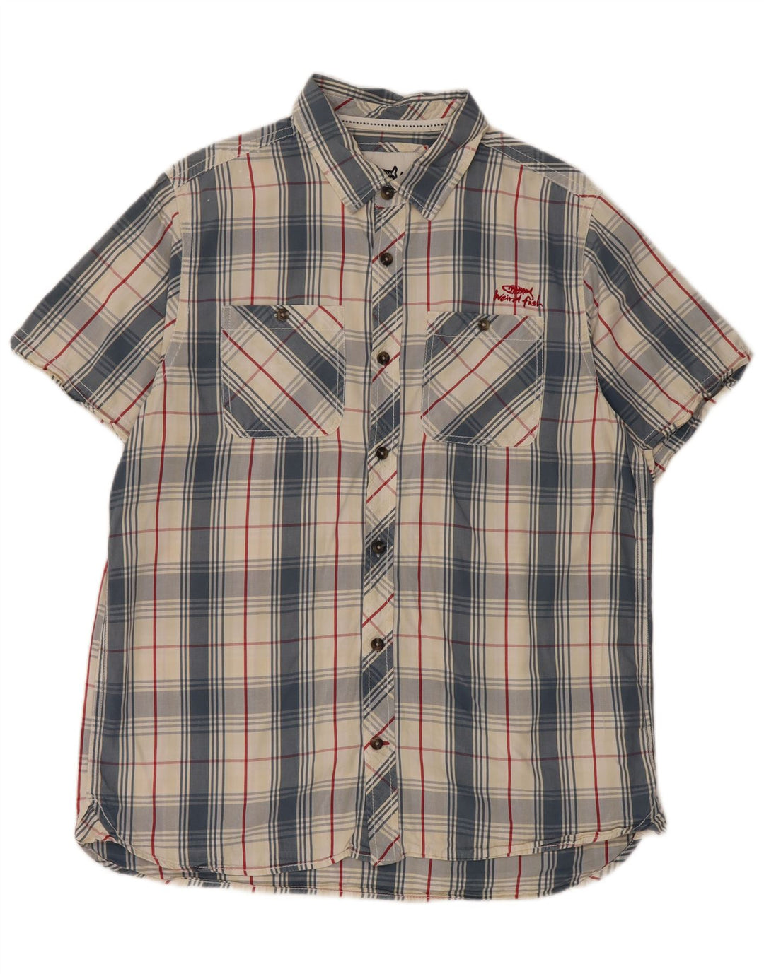 Weird Fish Camisa de manga corta para hombre de algodón a cuadros azules grandes