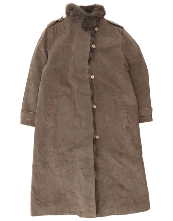 Vintage mujeres militar shearling abrigo Reino Unido 12 gris medio