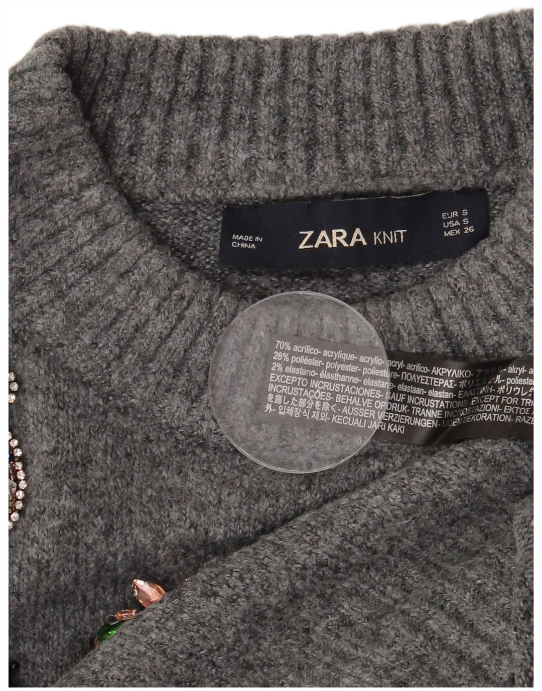 Zara Mujer Suéter De Cuello Redondo Gráfico De Gran Tamaño UK 10 Small Gris