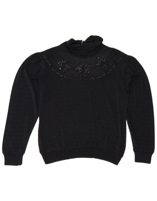 Vintage Womens Turtle Neck Jumper Sweater UK 14 Medium Black Floral Cupro