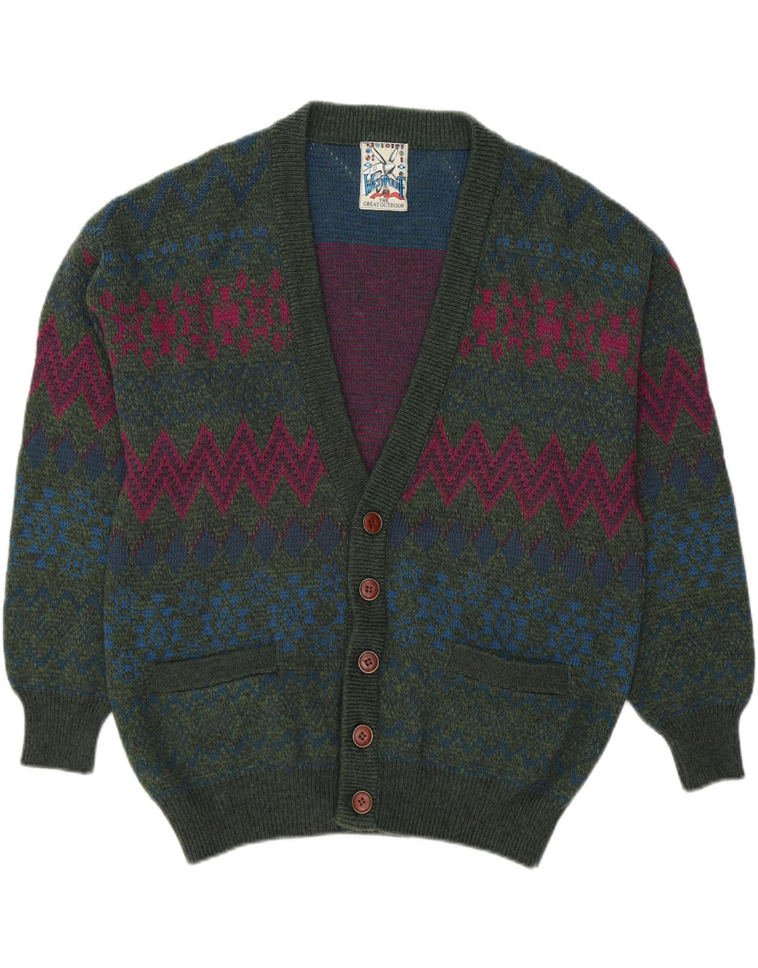 WEST POINT Mens Cardigan Sweater XL Green Geometric Vintage West Point and Second-Hand West Point from Messina Hembry 