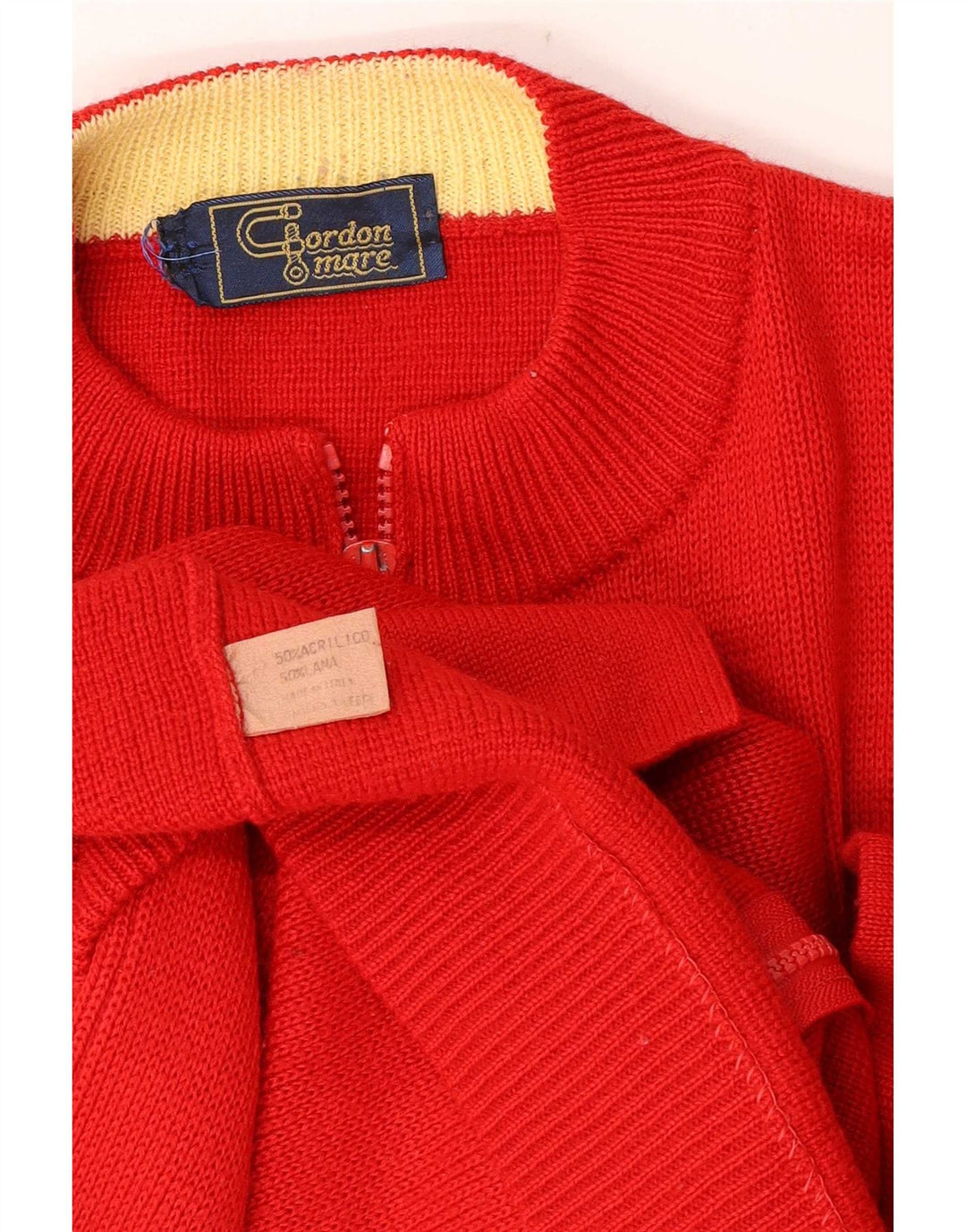 Vintage hombres completo zip cardigan suéter medio rojo colorblock acrílico