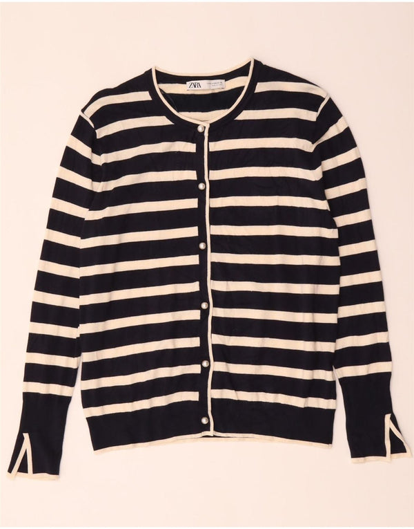 Zara Mujer Cárdigan Suéter UK 20 2XL Azul Marino Rayas Viscosa