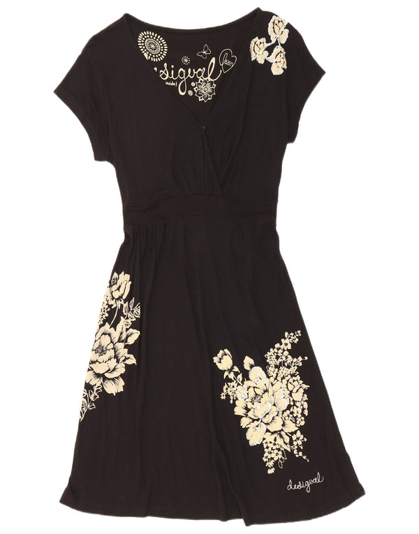 Desigual Vestido Acampanado para Mujer UK 6 XS Viscosa Floral Negra