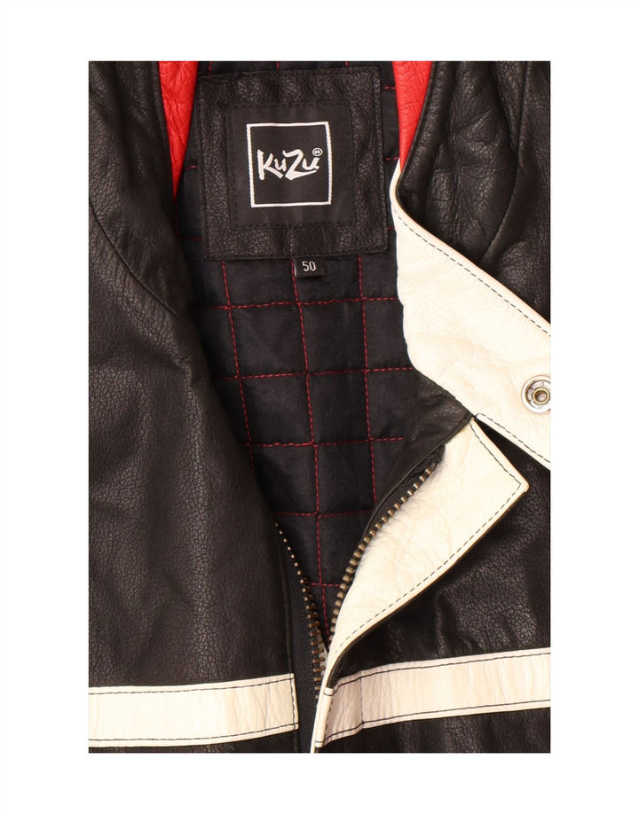 KUZU Mens Leather Racer Jacket IT 50 Large Black Colourblock Leather Vintage Kuzu and Second-Hand Kuzu from Messina Hembry 