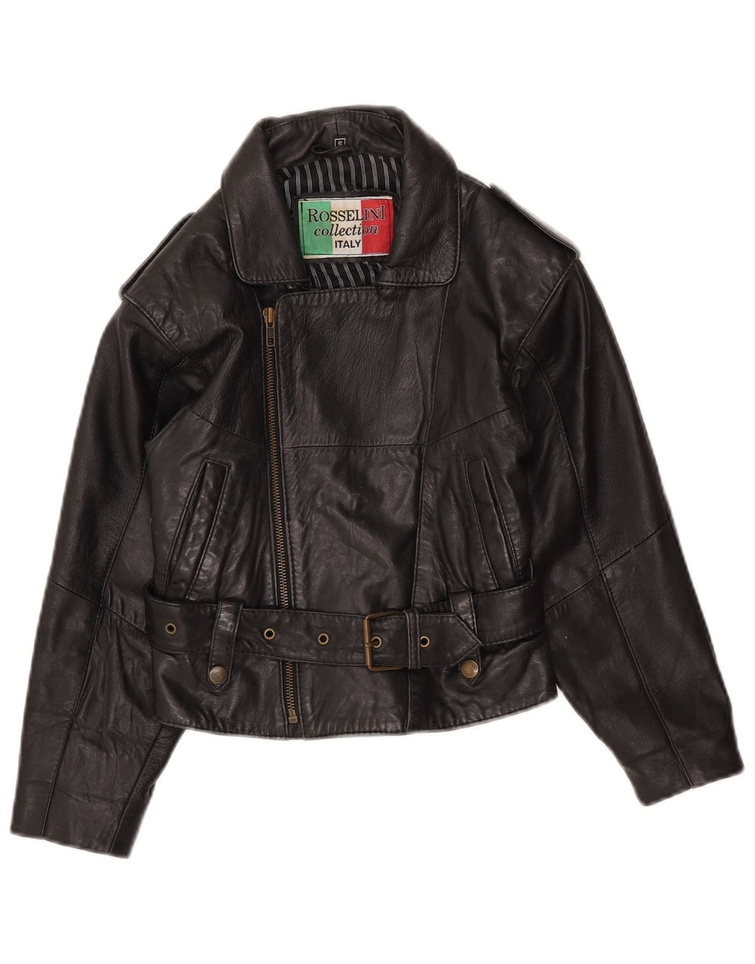 Vintage mujer crop cuero biker chaqueta Reino Unido 8 pequeño cuero negro