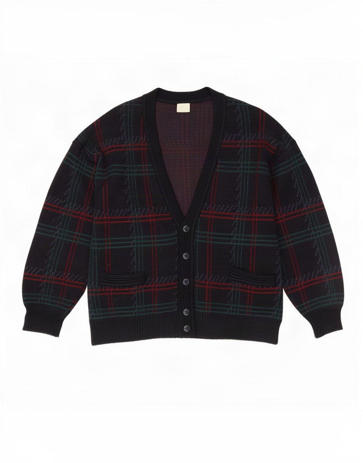 Vintage hombres Cardigan suéter grande azul marino comprobar