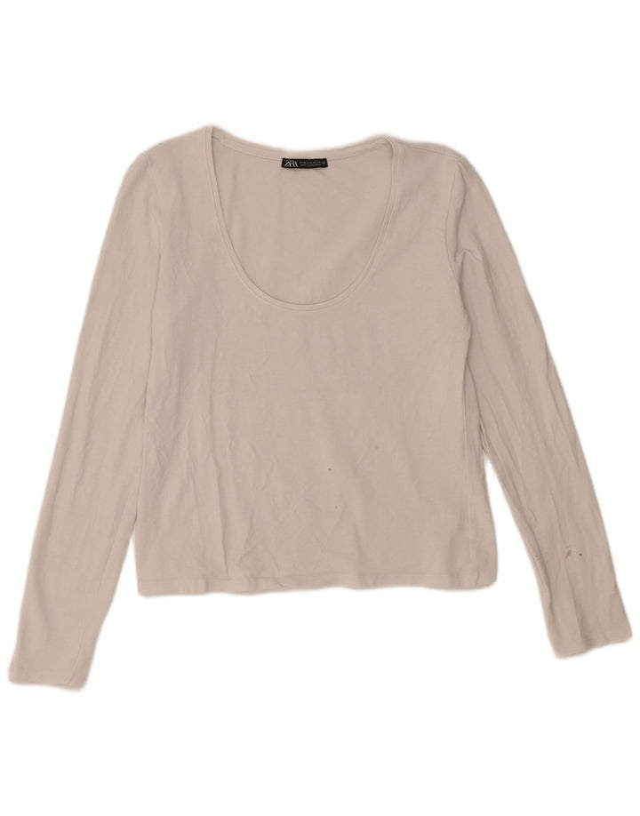 Zara Mujer Crop Top Manga Larga UK 42 Medio Algodón Blanco