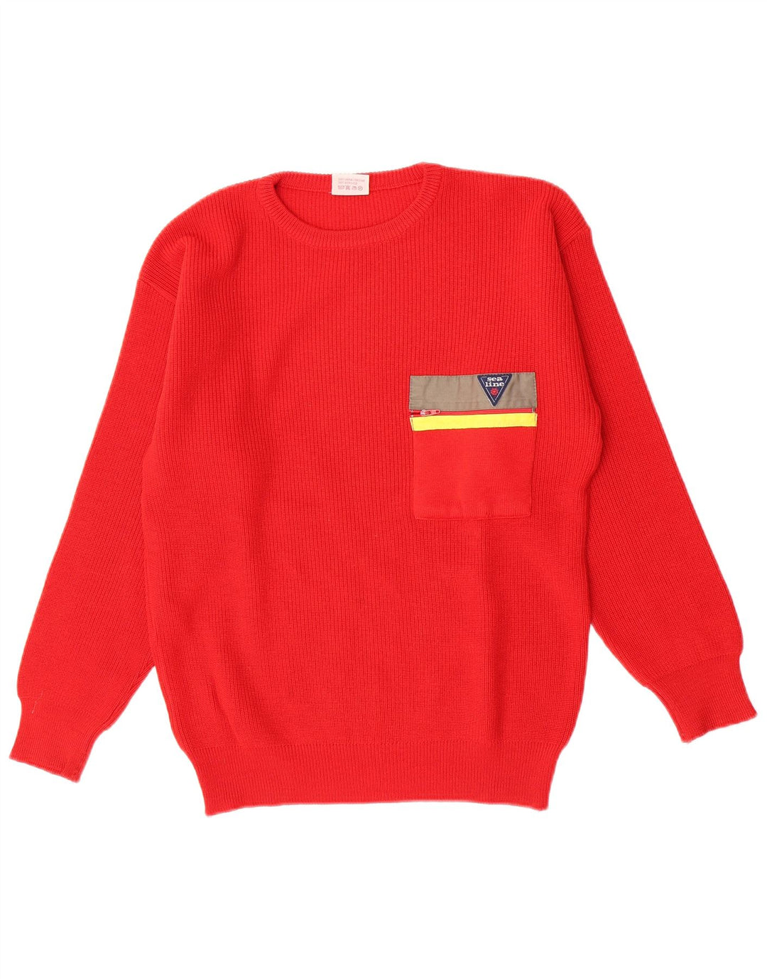 Vintage hombres cuello redondo jersey suéter medio rojo lana virgen