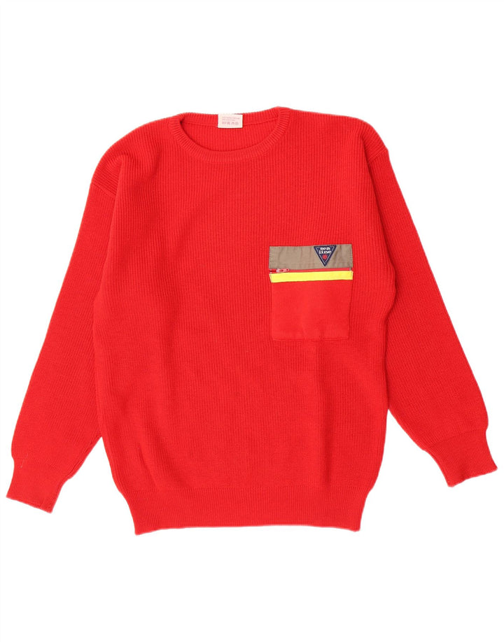 Vintage hombres cuello redondo jersey suéter medio rojo lana virgen