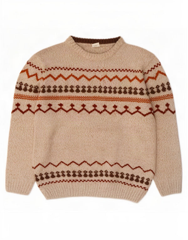 Vintage hombres barco cuello jersey suéter XL beige Fair Isle poliéster