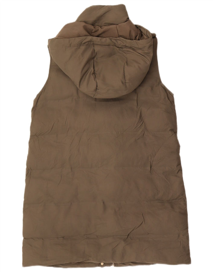 Zara Mujer Chaleco Acolchado Largo Con Capucha UK 44 Poliéster Caqui Mediano