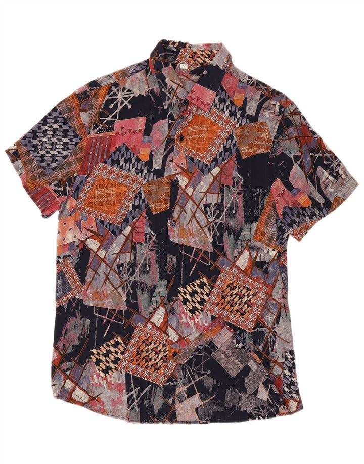 Camisa vintage de manga corta para hombre pequeña viscosa geométrica multicolor