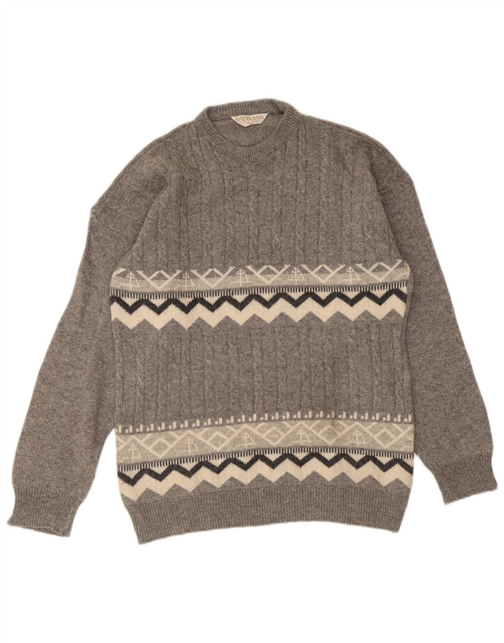 Vintage hombres cuello redondo jersey suéter gris medio lana geométrica