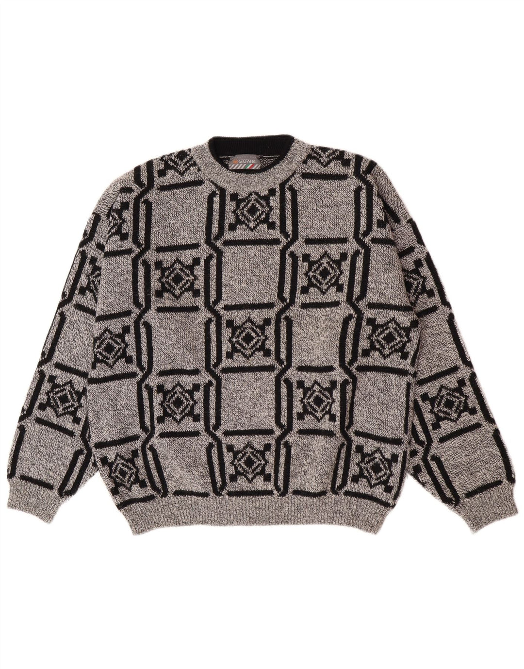Stefanel Jersey De Cuello Redondo Para Hombre Jersey De Lana Geométrica Gris Grande