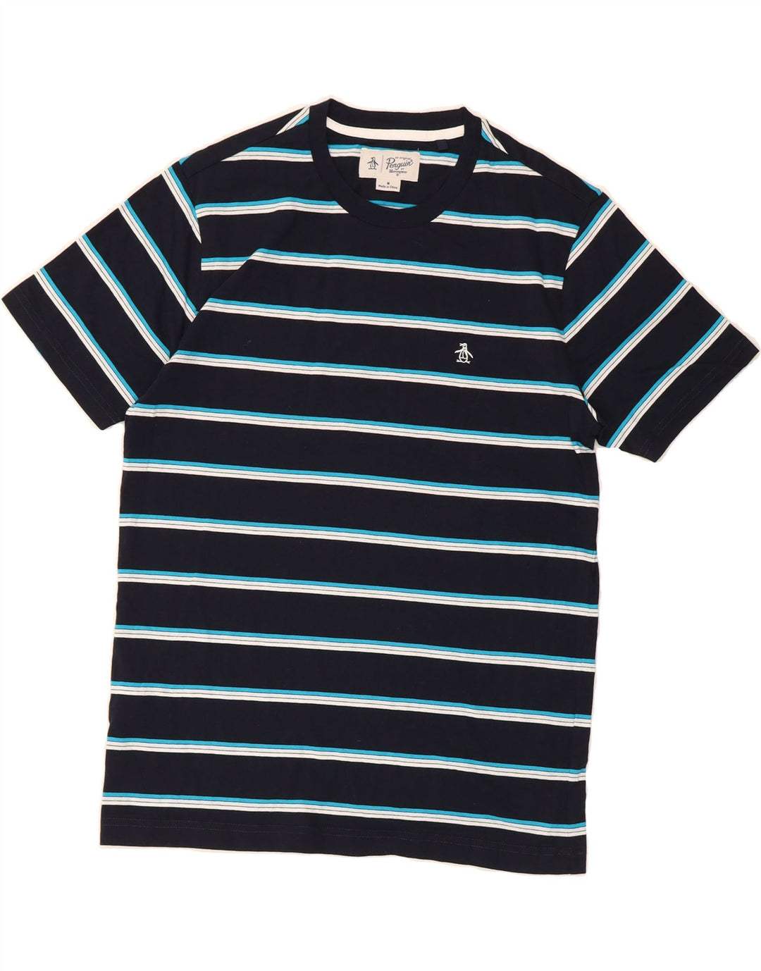 PENGUIN Mens T-Shirt Top Medium Navy Blue Striped Cotton Vintage Penguin and Second-Hand Penguin from Messina Hembry 