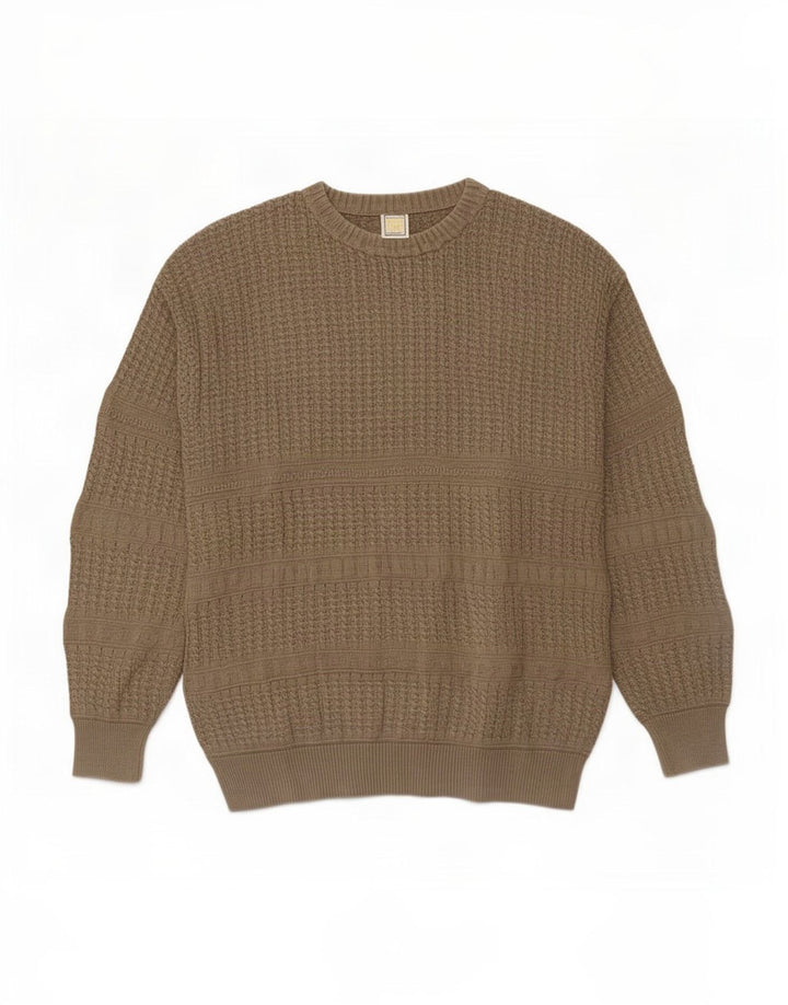 Vintage hombres cuello redondo jersey suéter medio beige algodón