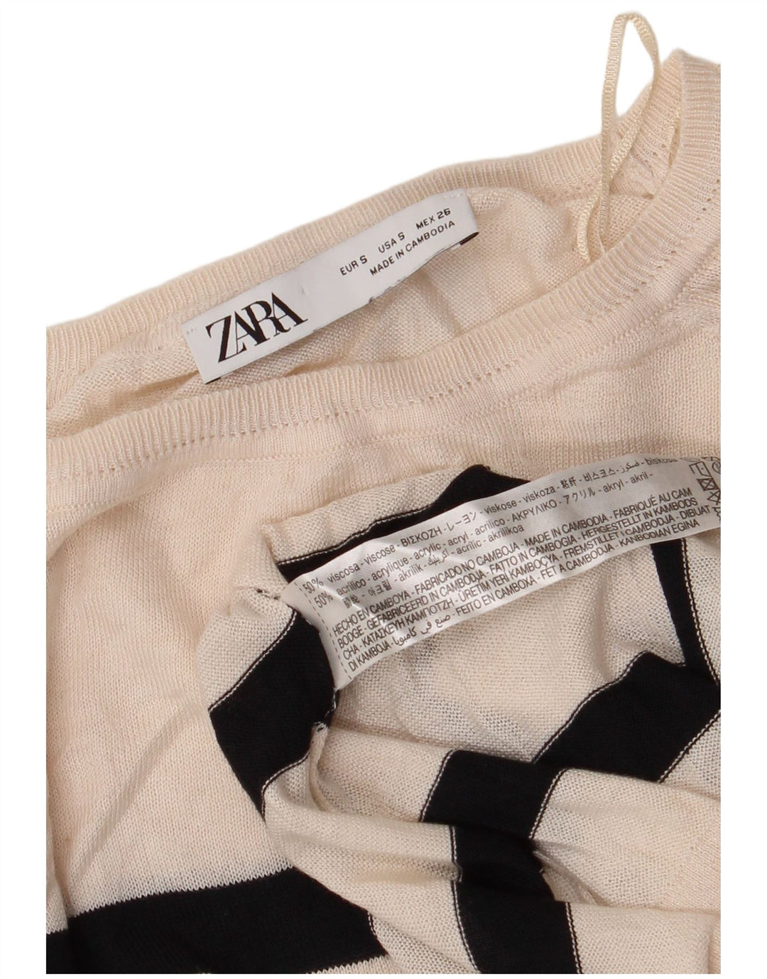 ZARA Jersey corto con cuello barco para mujer, talla 40, talla pequeña, color blanco roto, a rayas